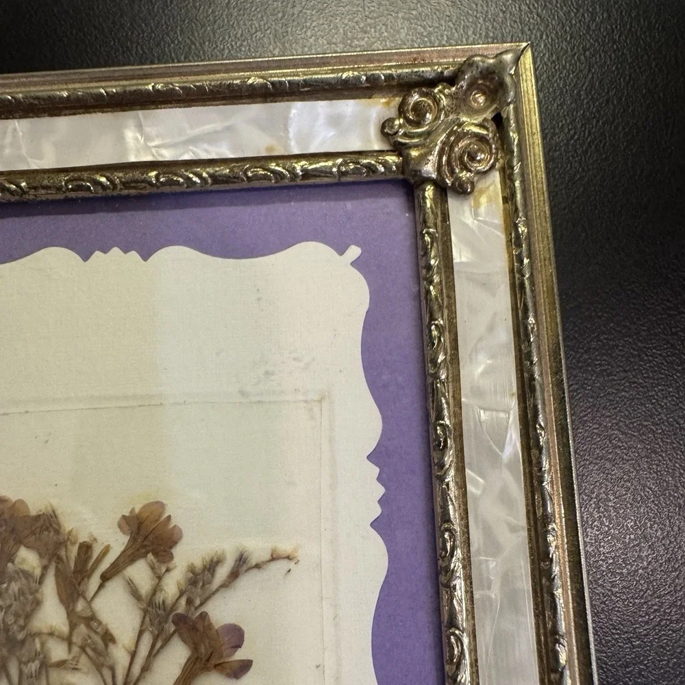 VTG Faux Mother of Pearl Frame Metal Ornate‎ Pressed Flowers Hollywood Regency